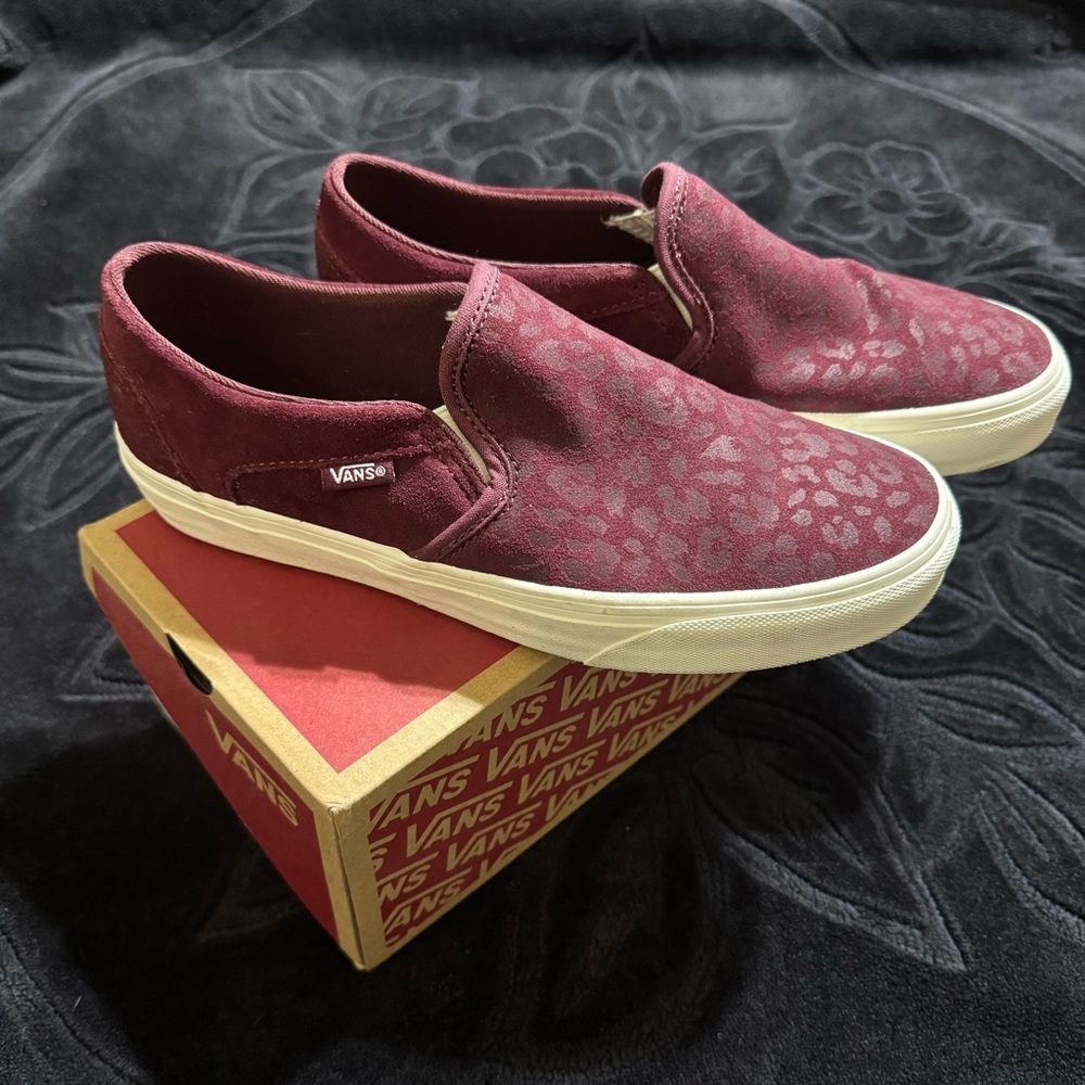 Vans Women's Maroon Leopard Slip-On Sneakers
